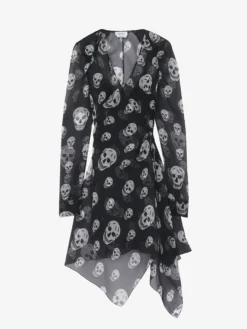 Abito a portafoglio in seta con stampa Skull da Donna in Nero/Bianco