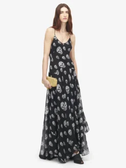 Abito da sera in seta con stampa Skull da Donna in Nero/Bianco