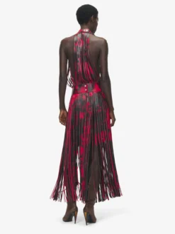 Abito floreale in pelle con frange da Donna in Nero/Rosso
