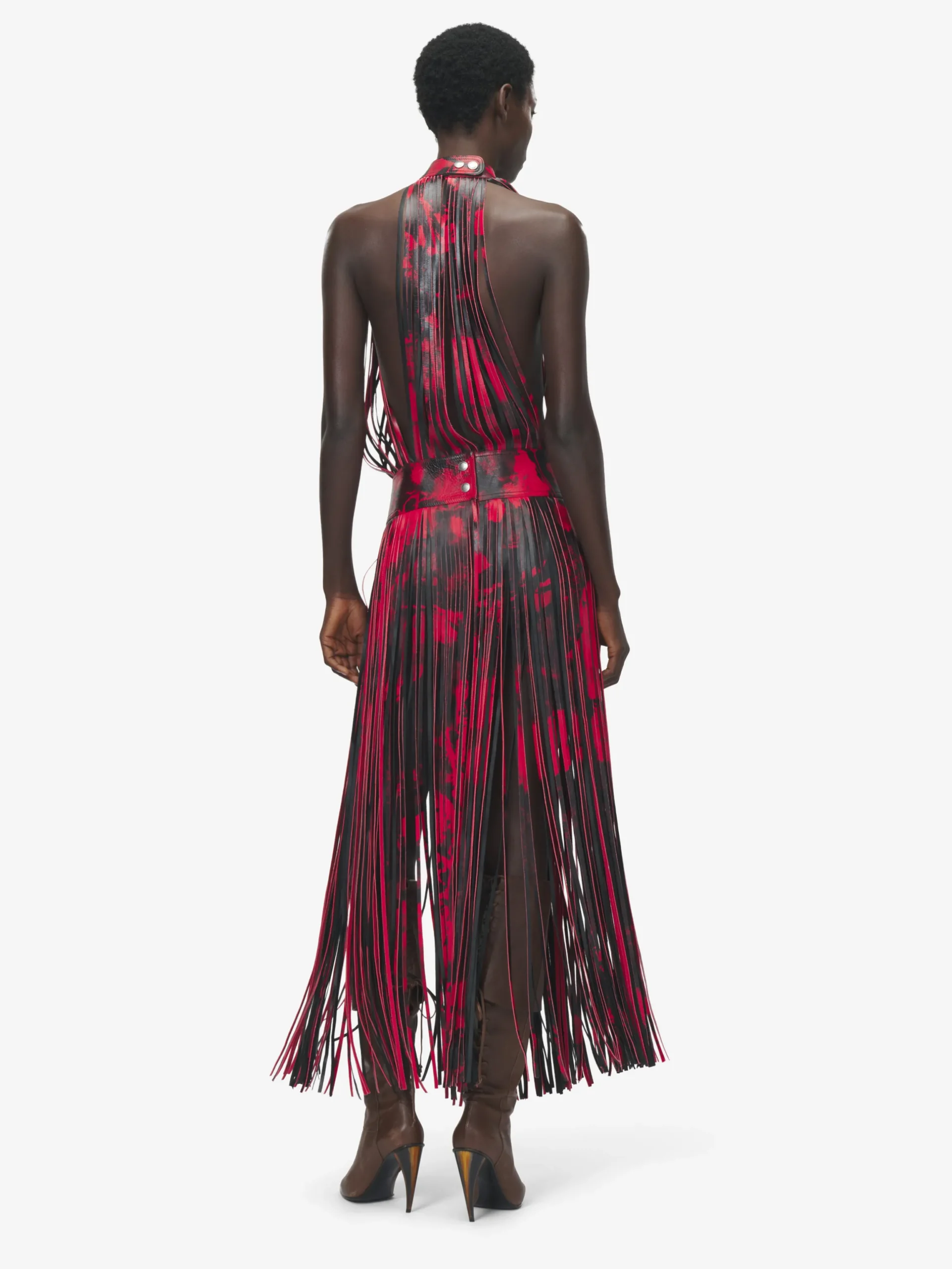 Abito floreale in pelle con frange da Donna in Nero/Rosso