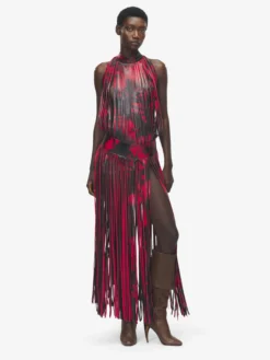Abito floreale in pelle con frange da Donna in Nero/Rosso