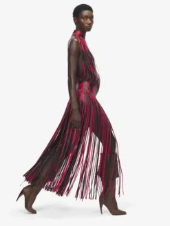 Abito floreale in pelle con frange da Donna in Nero/Rosso