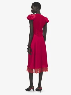 Abito midi con maniche arricciate da Donna in Rosso
