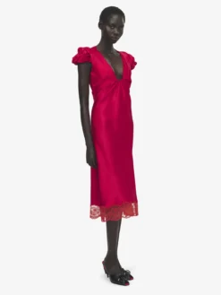 Abito midi con maniche arricciate da Donna in Rosso