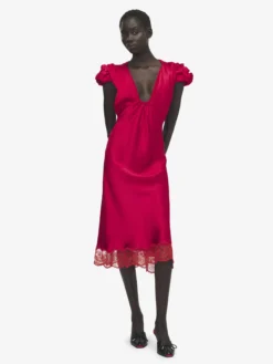 Abito midi con maniche arricciate da Donna in Rosso
