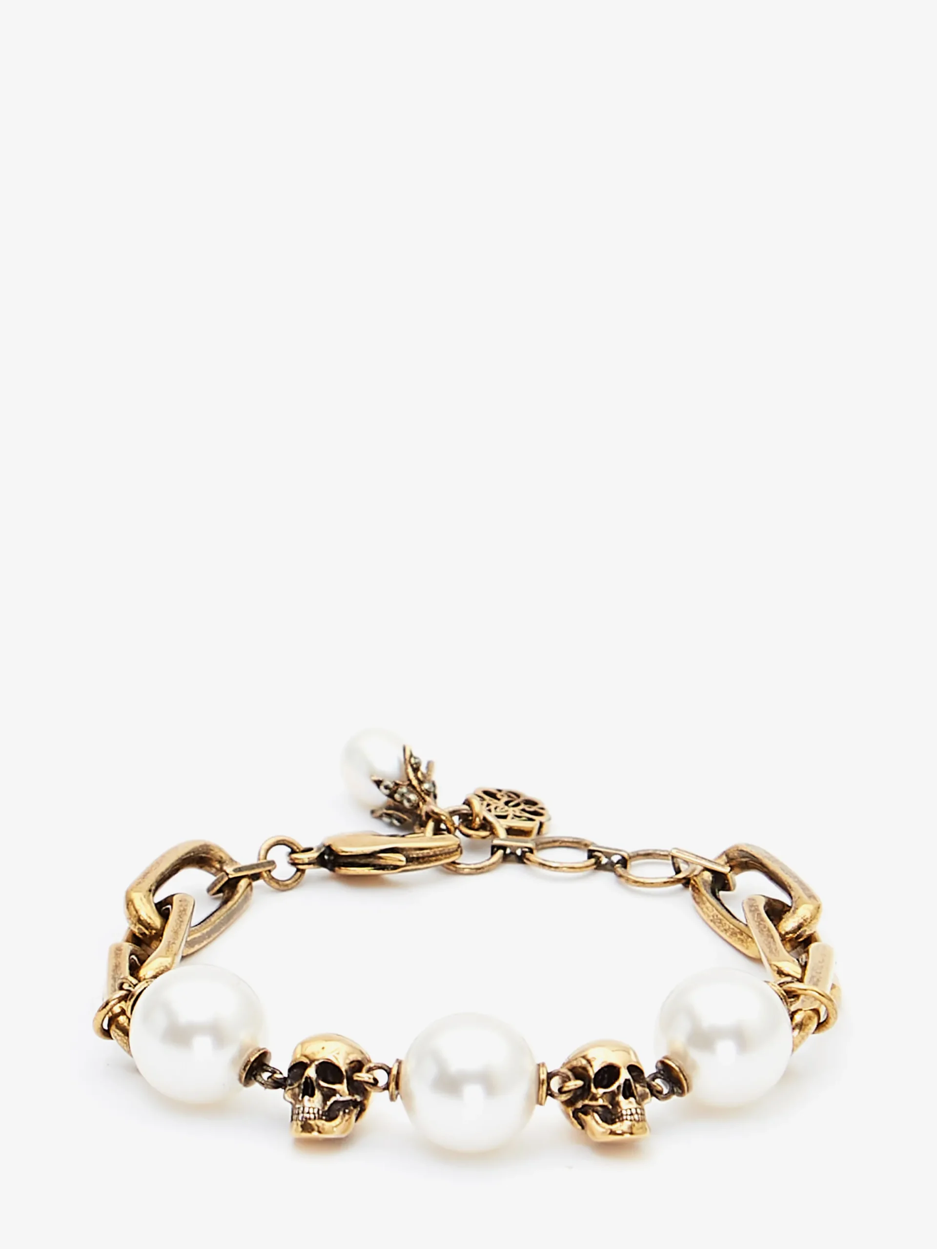Bracciale con Catena Skull e Perle da Donna in Finitura oro anticato