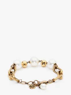 Bracciale con Catena Skull e Perle da Donna in Finitura oro anticato