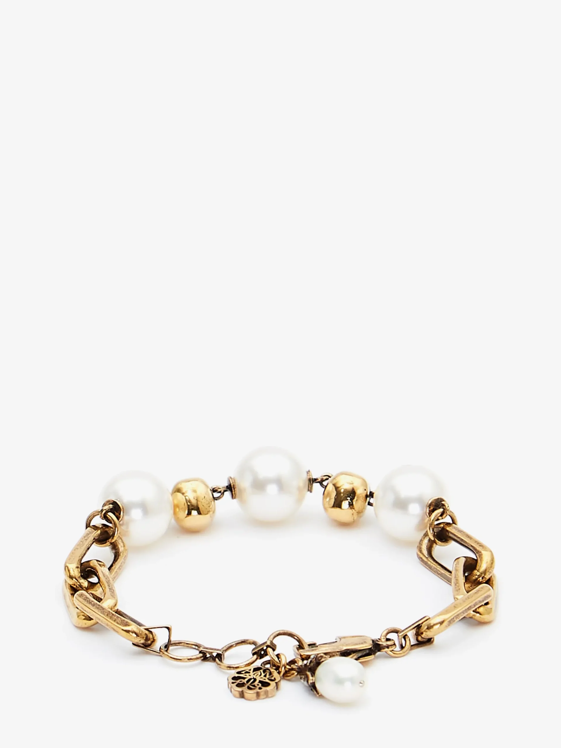 Bracciale con Catena Skull e Perle da Donna in Finitura oro anticato