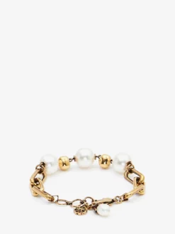 Bracciale con Catena Skull e Perle da Donna in Finitura oro anticato