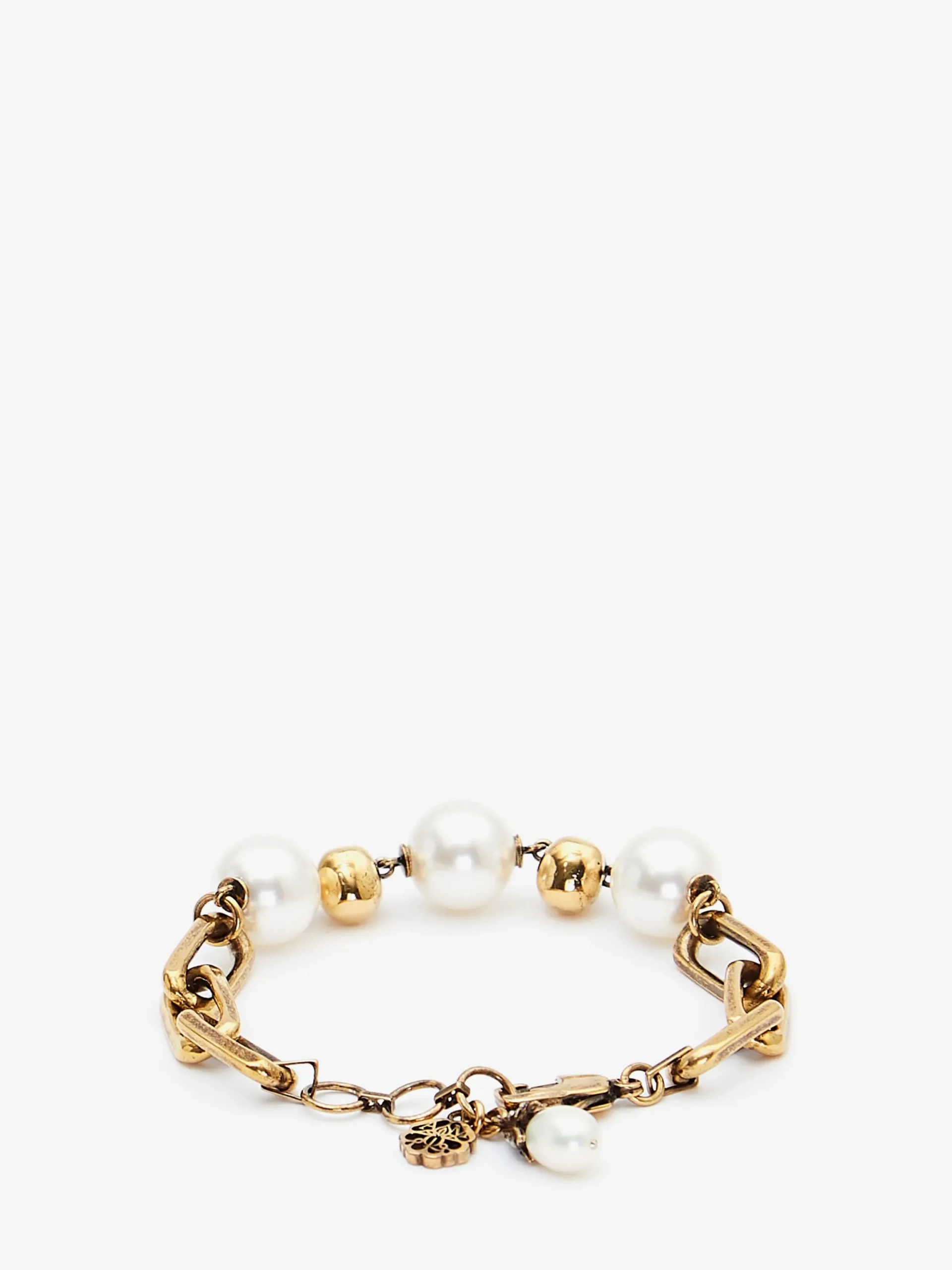 Bracciale con Catena Skull e Perle da Donna in Finitura oro anticato