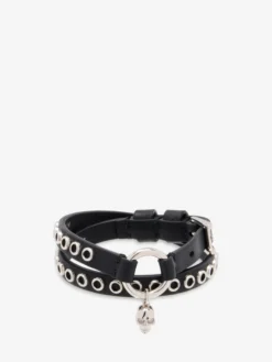 Bracciale Skull a doppio giro con anello da Donna in Nero