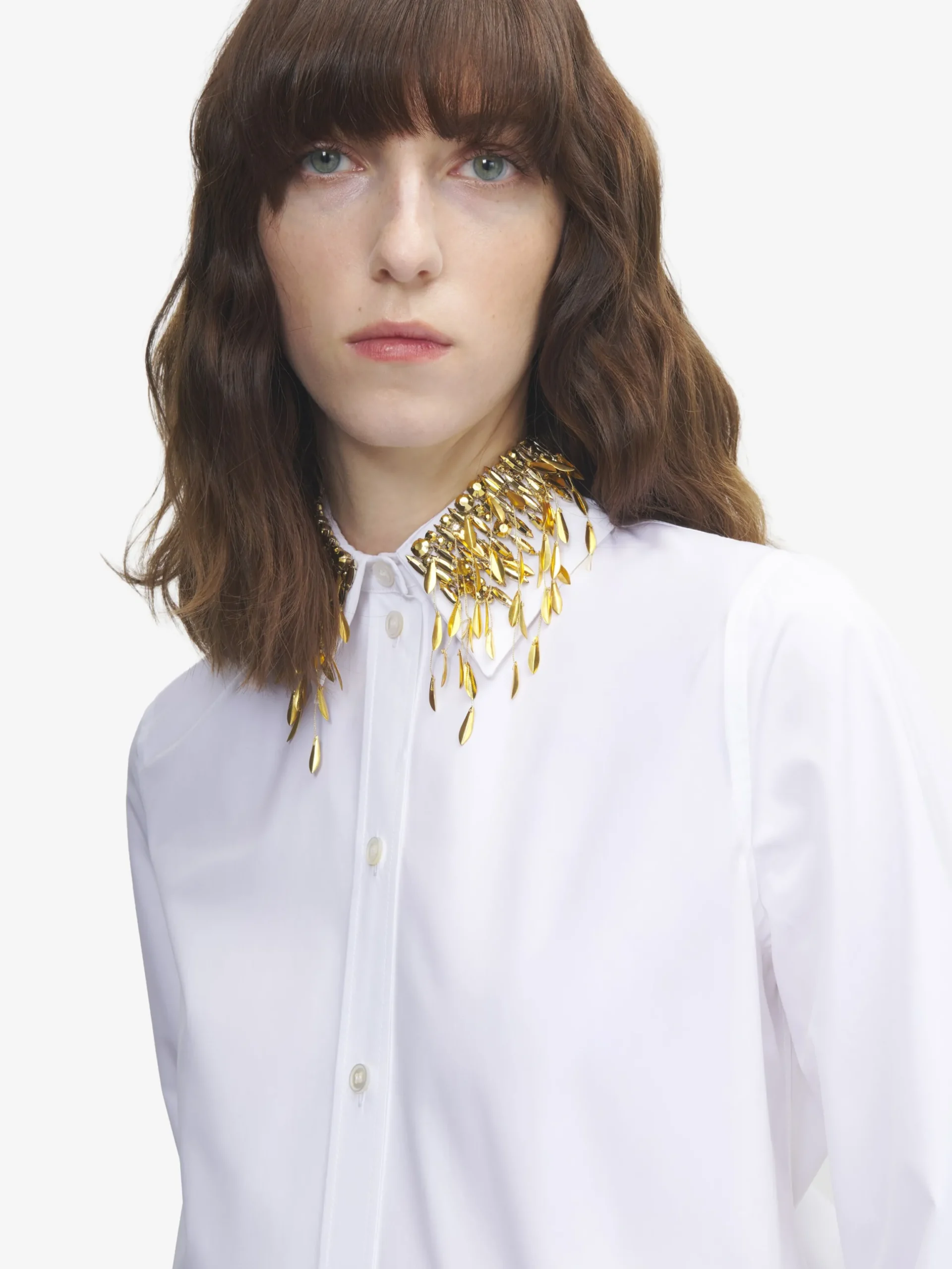 Camicia con ricami in cristalli e foglie dorate da Donna in Bianco Ottico