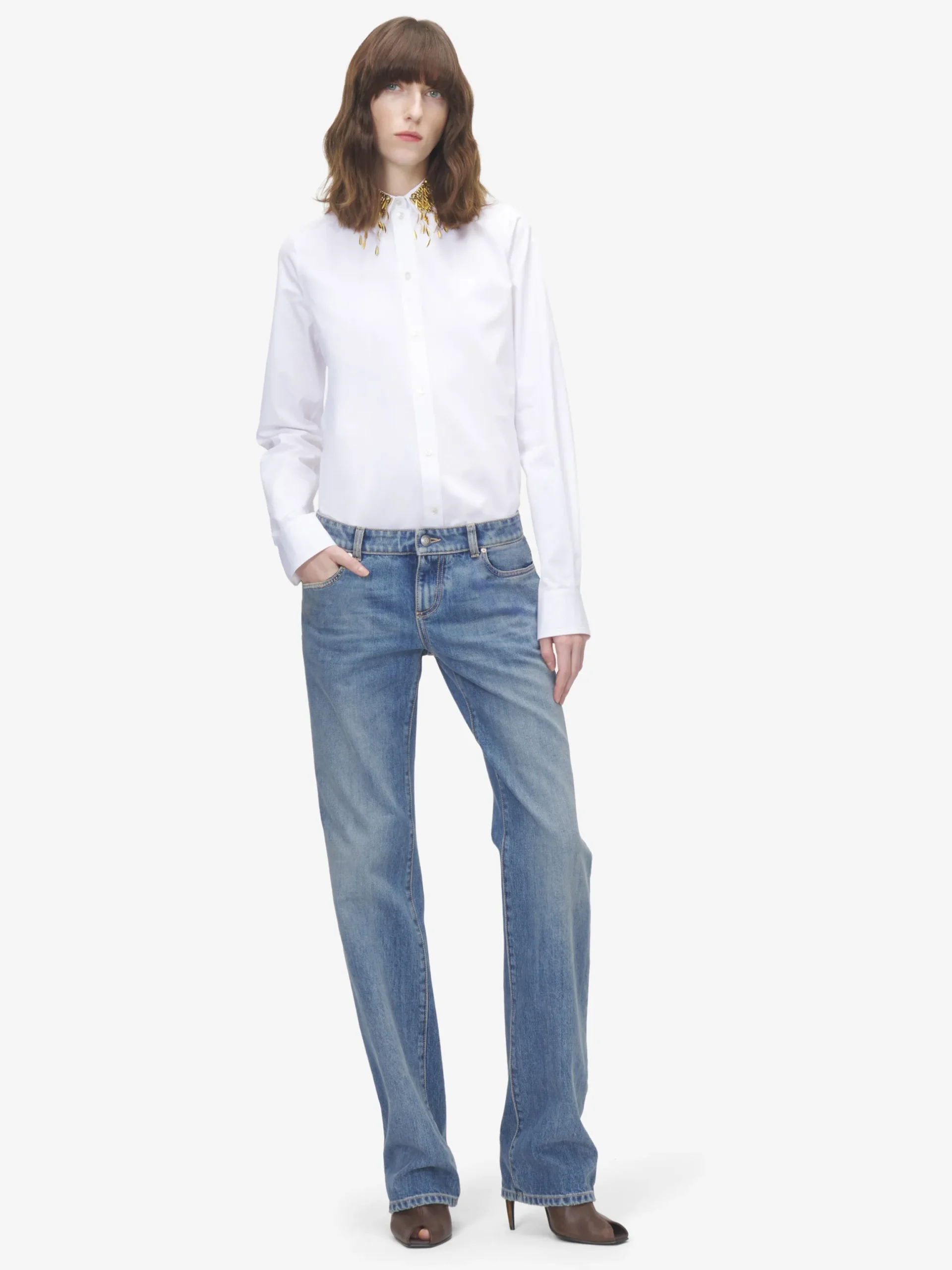 Camicia con ricami in cristalli e foglie dorate da Donna in Bianco Ottico