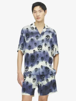 Camicia hawaiana con motivo Skull tie-dye da Uomo in Indaco/Avorio
