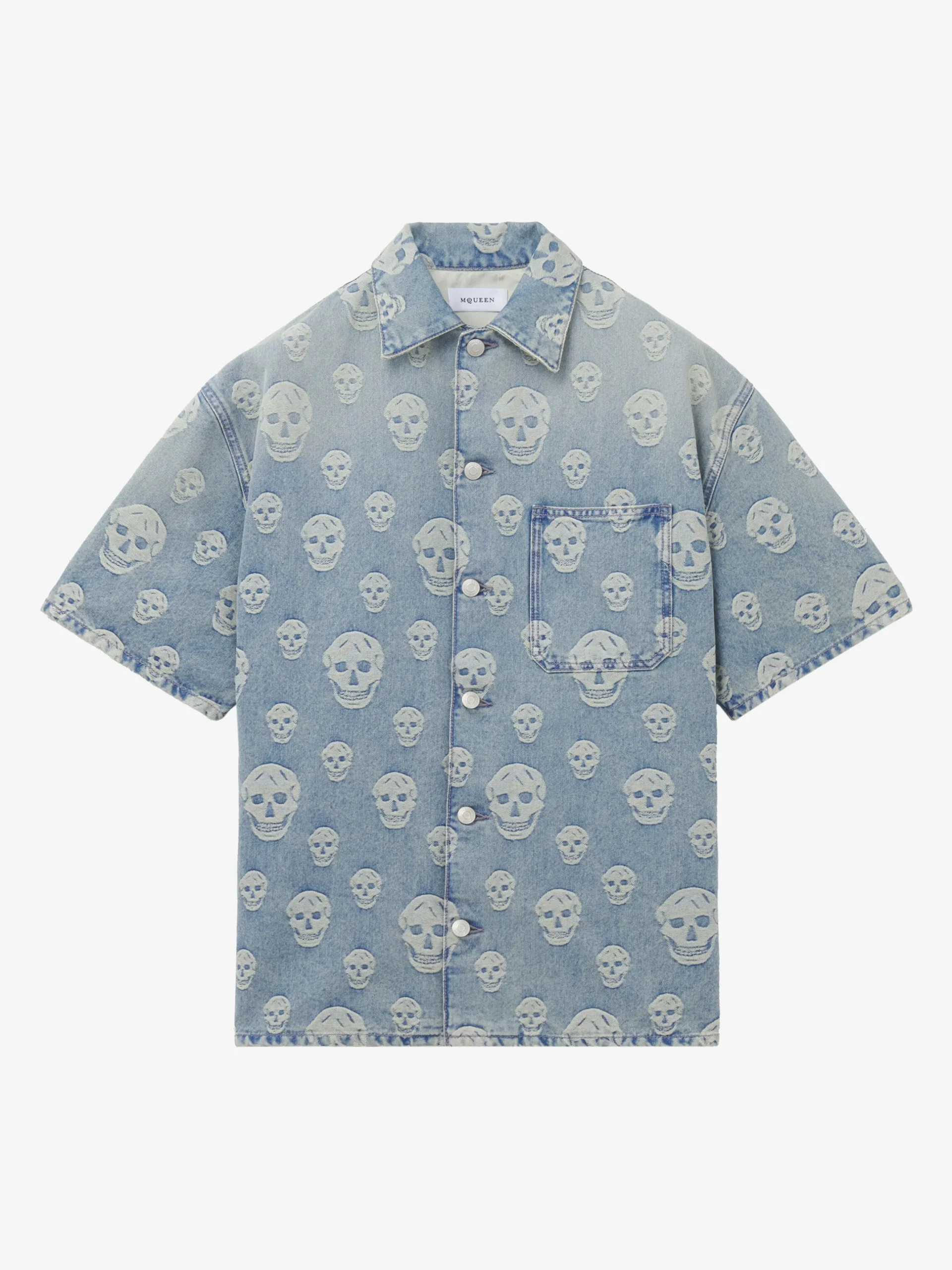 Camicia in denim con motivo jacquard Skull da Uomo in Washed Blue