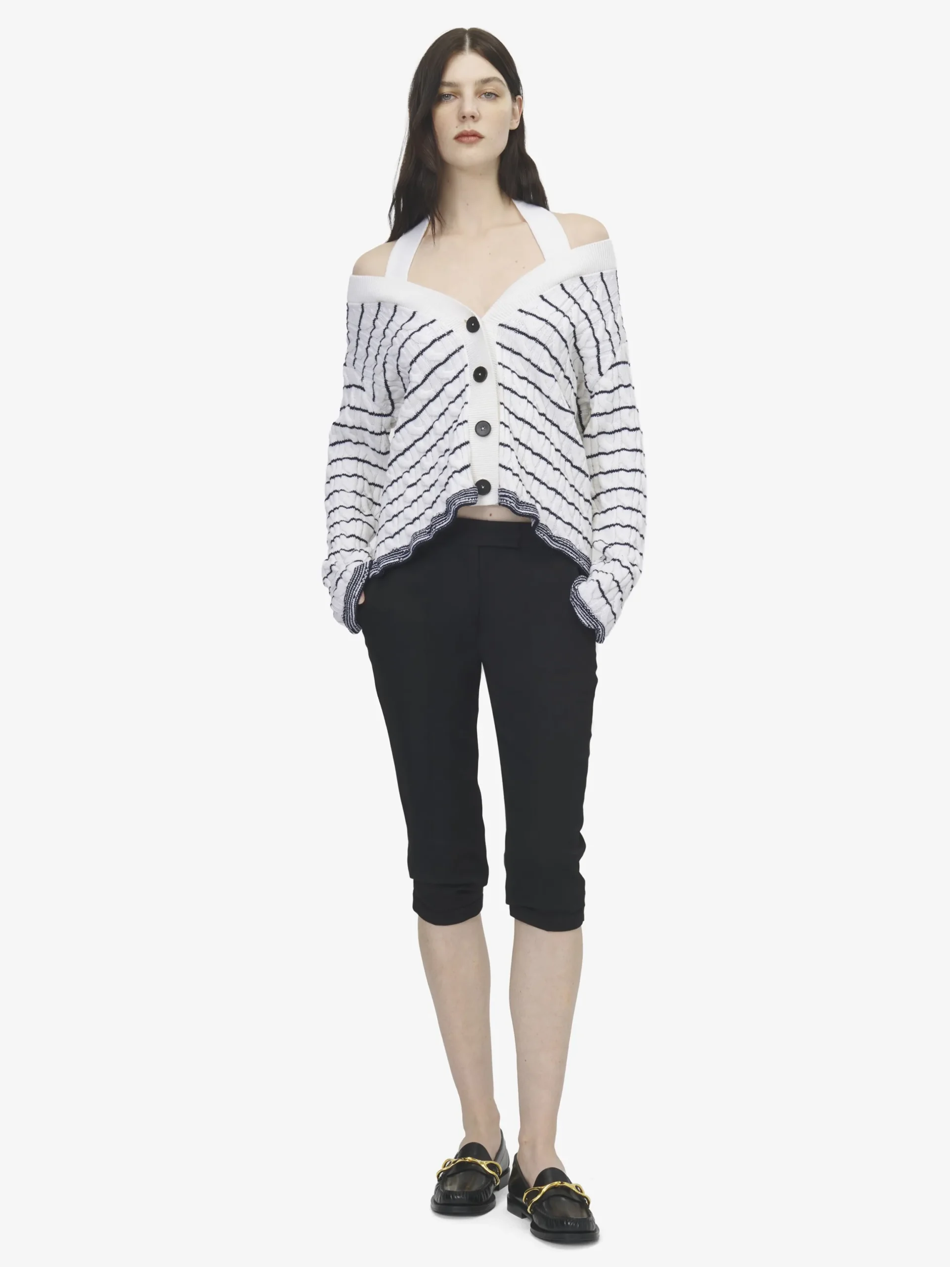 Cardigan a righe con spalle scoperte da Donna in Avorio/Navy