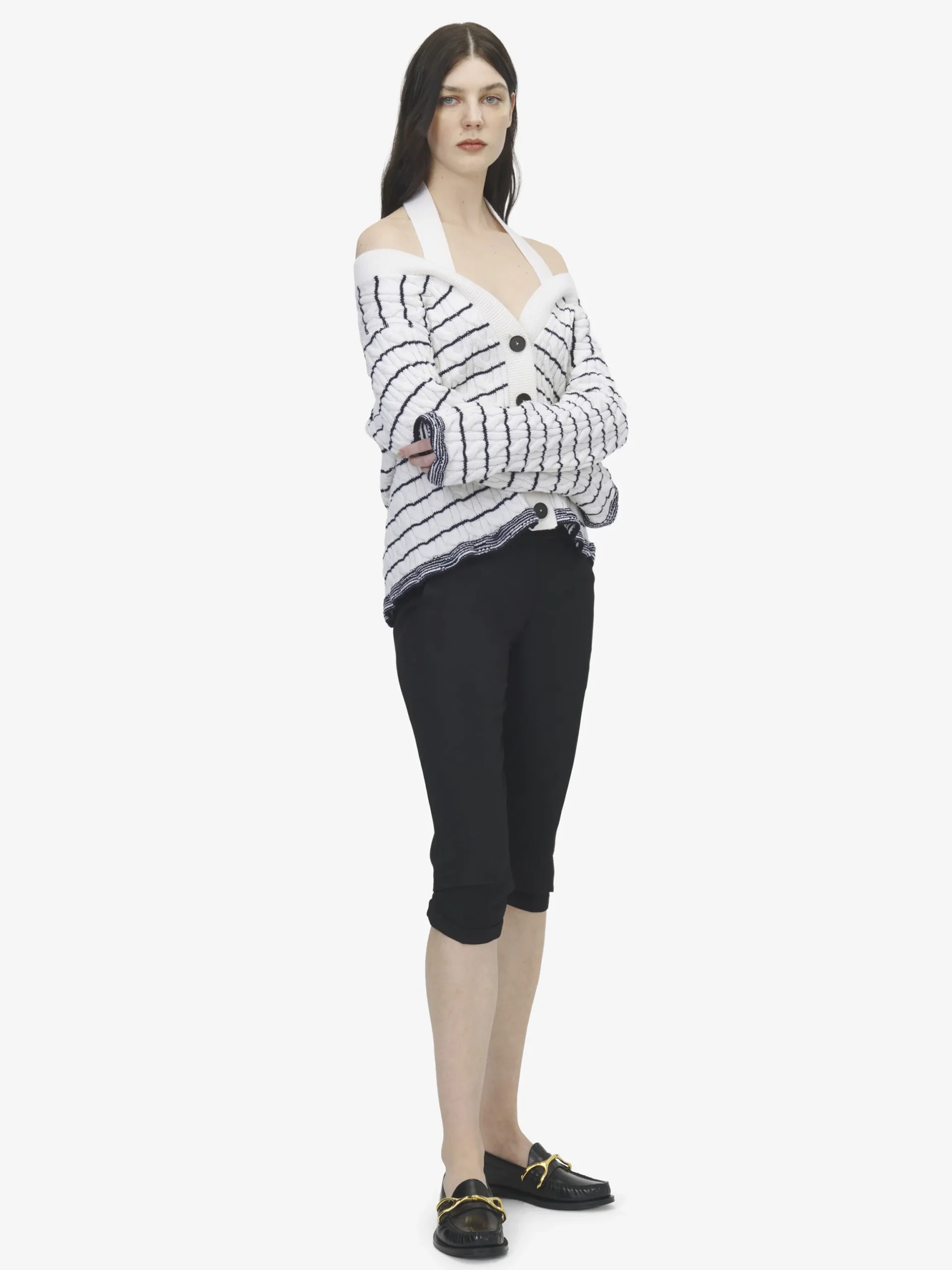 Cardigan a righe con spalle scoperte da Donna in Avorio/Navy