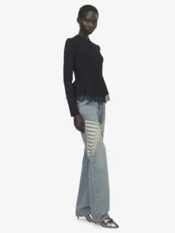 Cardigan con volant e inserti in pizzo da Donna in Nero