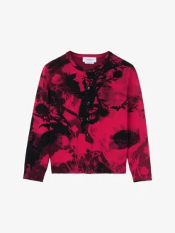 Cardigan floreale in jacquard da Donna in Rosso/Nero