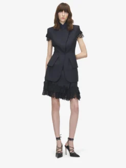 Giacca a maniche corte gessata da Donna in Blu Navy