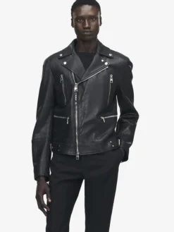 Giacca Biker in Pelle da Uomo in Nero