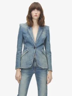 GIacca in Denim Elasticizzato da Donna in Washed Blue