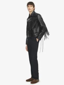 Giacca in pelle con frange da Uomo in Nero