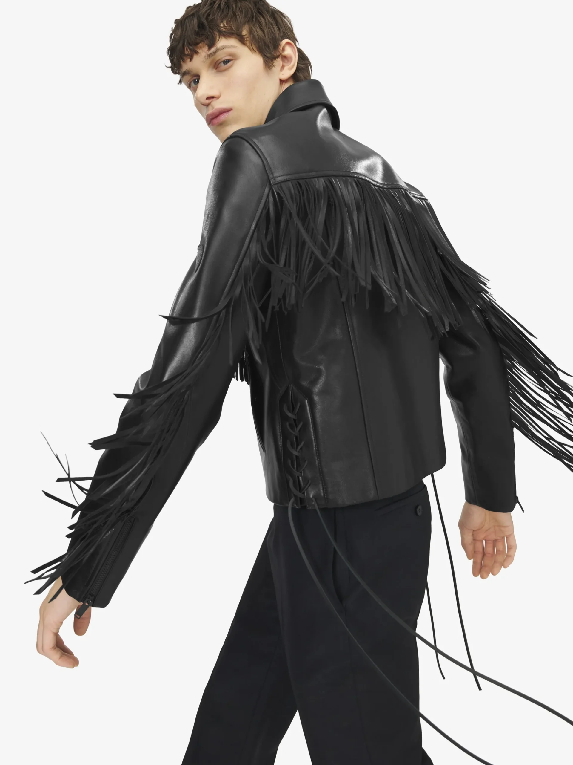 Giacca in pelle con frange da Uomo in Nero