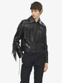 Giacca in pelle con frange da Uomo in Nero