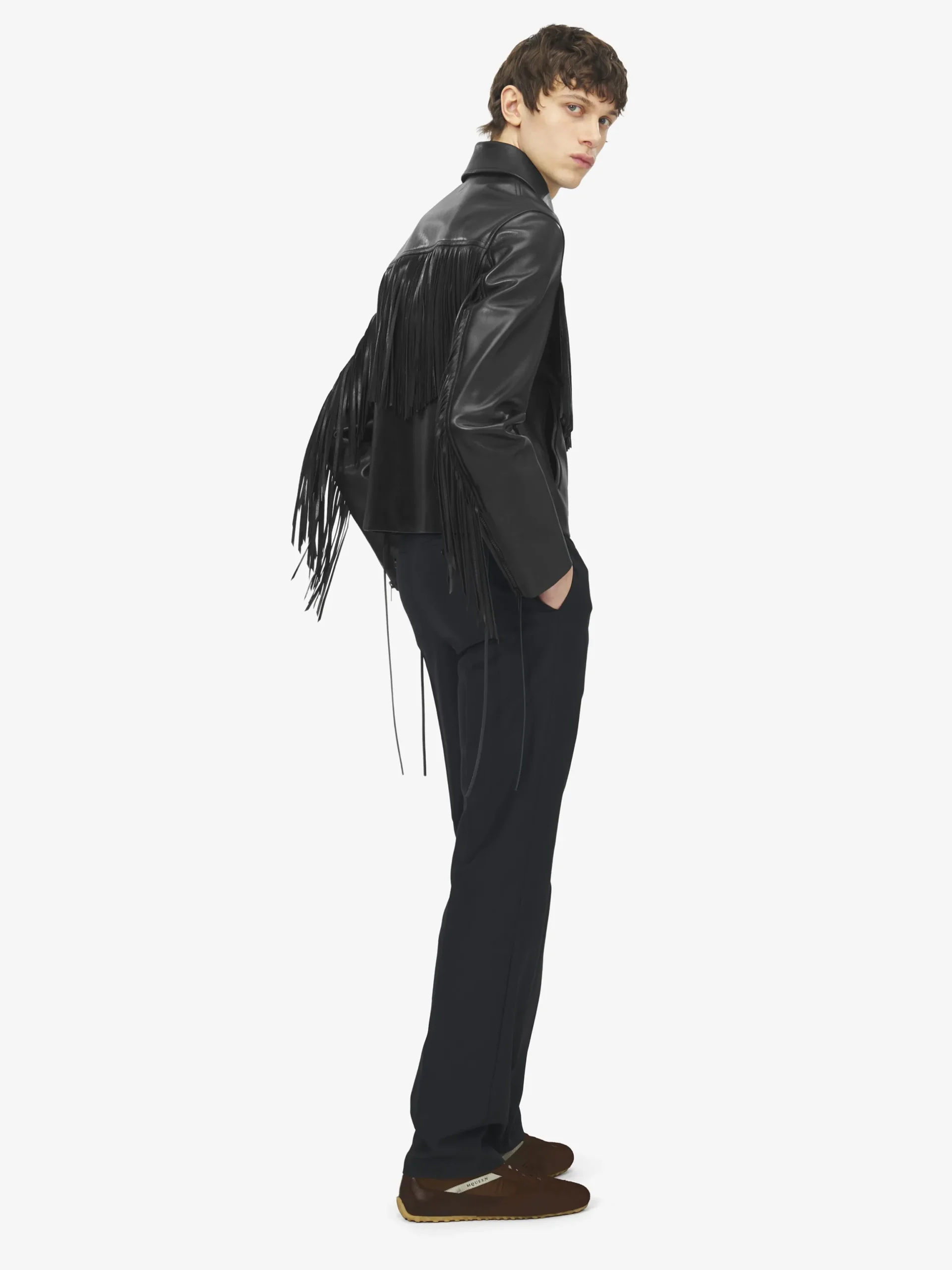 Giacca in pelle con frange da Uomo in Nero