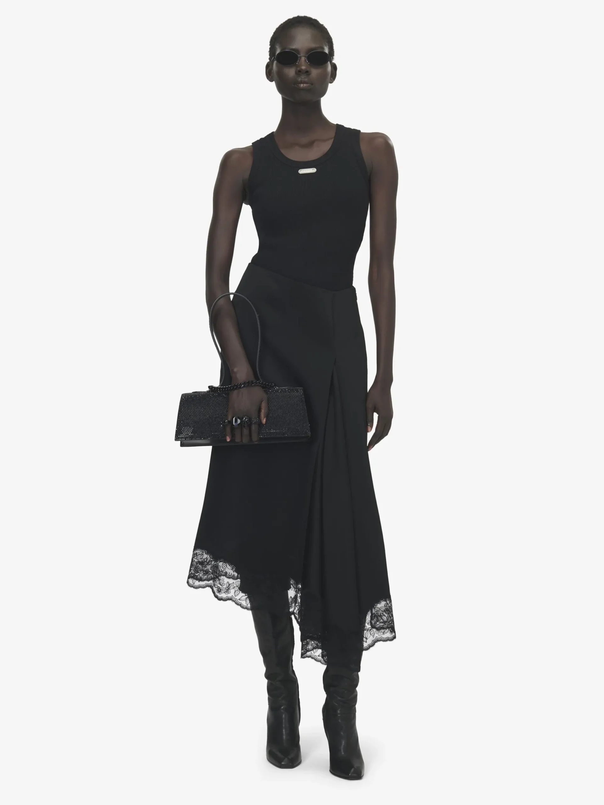 Gonna midi asimmetrica con orlo in pizzo da Donna in Nero