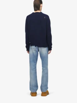 Maglione Skull effetto consumato da Uomo in Blu Navy