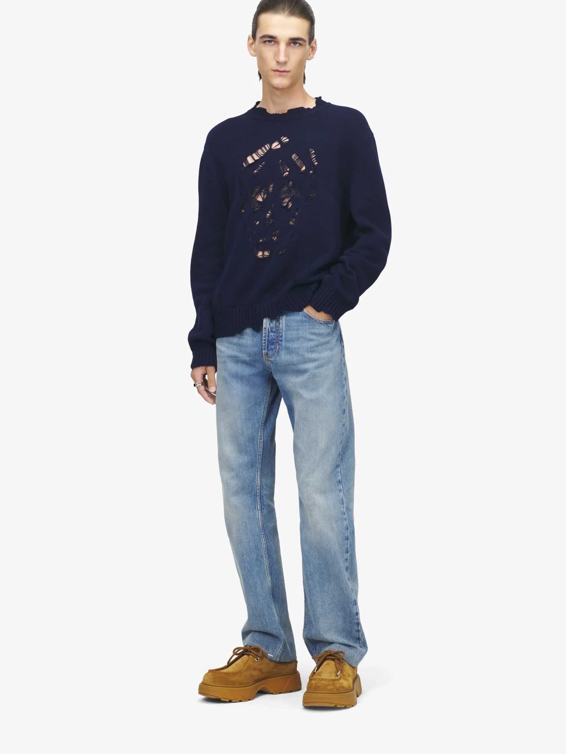 Maglione Skull effetto consumato da Uomo in Blu Navy