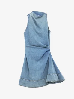 Miniabito asimmetrico in denim da Donna in Washed Blue