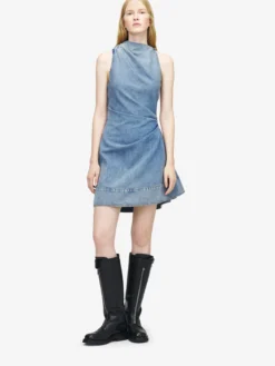 Miniabito asimmetrico in denim da Donna in Washed Blue