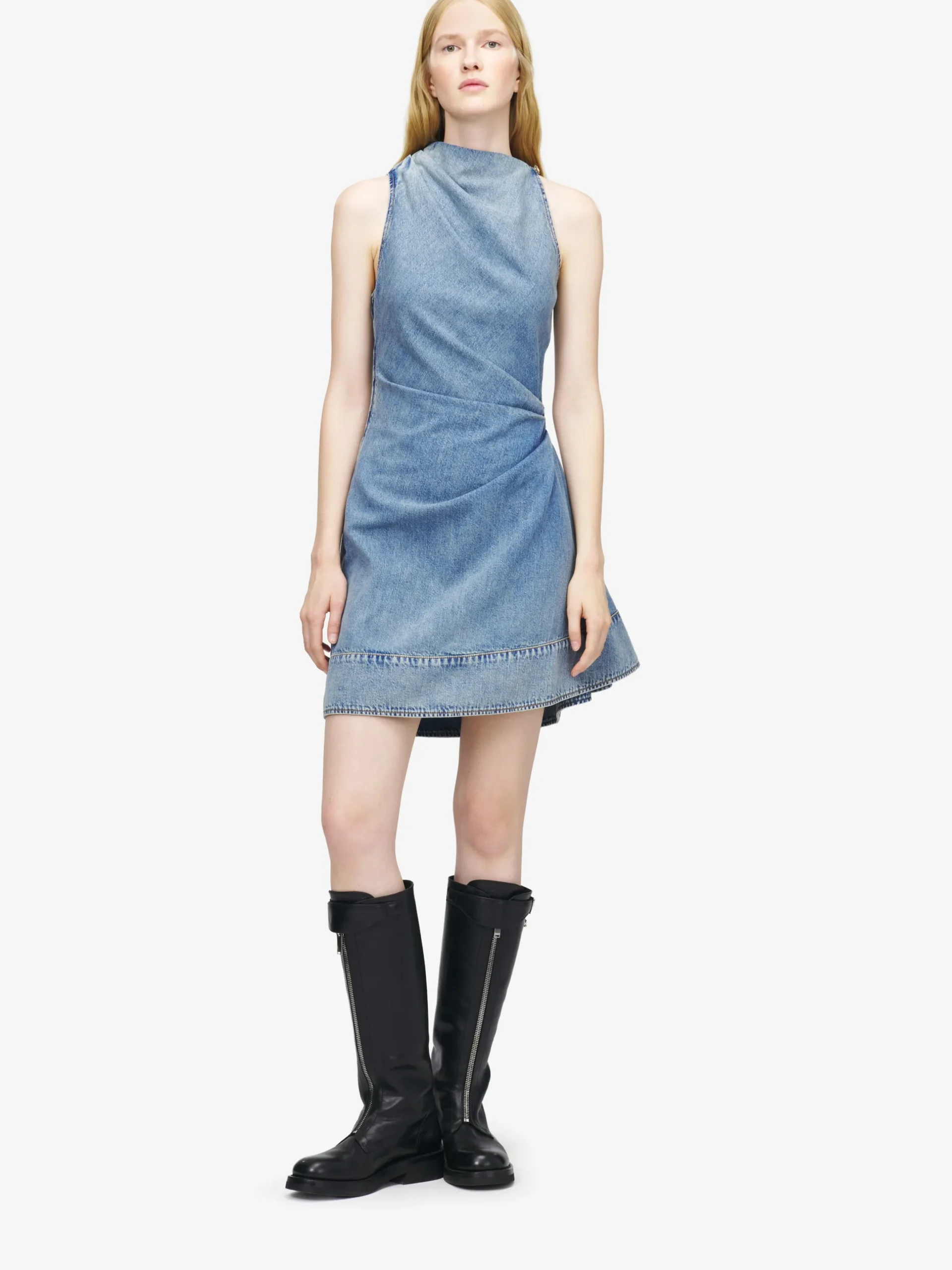 Miniabito asimmetrico in denim da Donna in Washed Blue