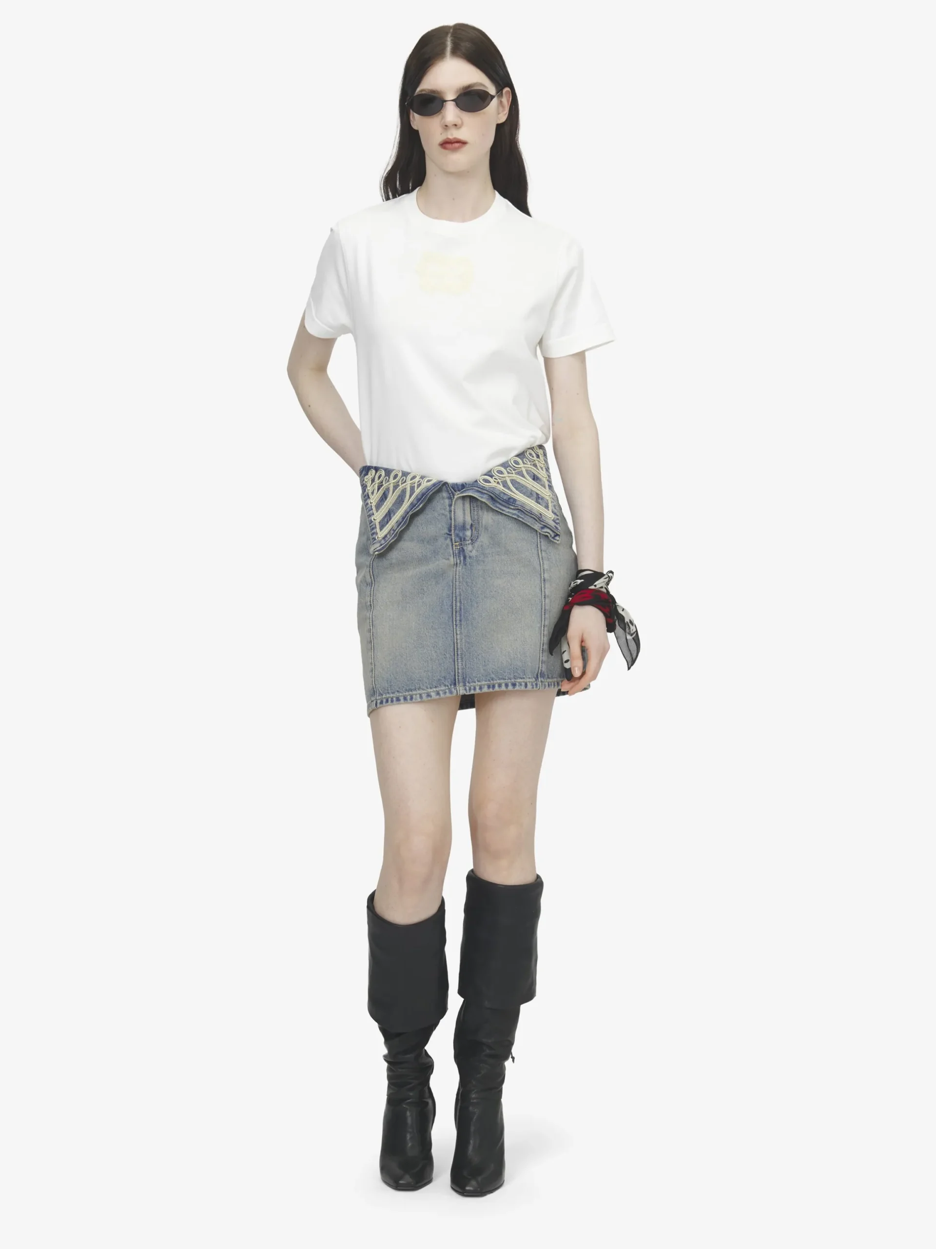 Minigonna con ricamo in metallo e risvolto in vita da Donna in Washed Blue