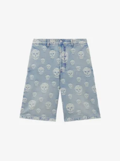 Shorts in denim con motivo jacquard Skull da Uomo in Washed Blue