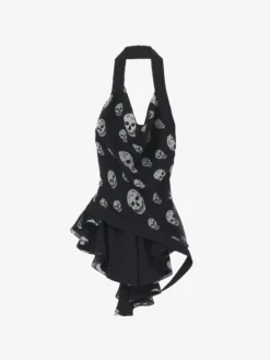 Top asimmetrico con stampa Skull da Donna in Nero/Bianco