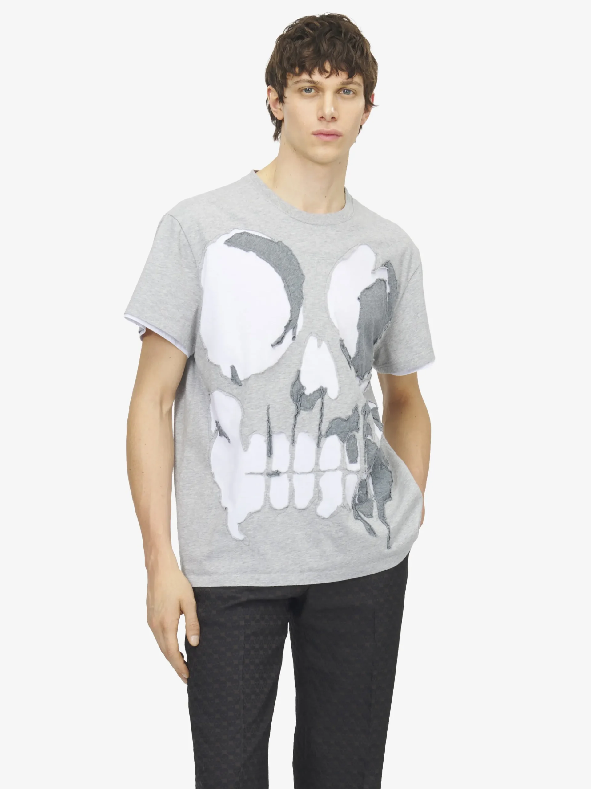 T-shirt con applicazione Skull da Uomo in Grigio Chiaro