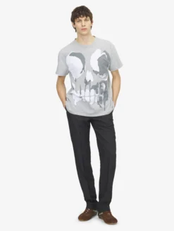 T-shirt con applicazione Skull da Uomo in Grigio Chiaro